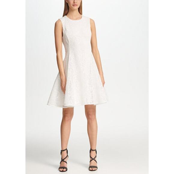 DKNY White Floral Textured Mesh Fit And Flare Lined Dress Sleeveless Size 8 - Picture 1 of 8